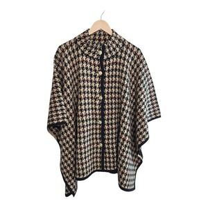 BLACK LABEL by EVAN PICONE Houndstooth Knit Poncho Shawl Women XL Beige Red